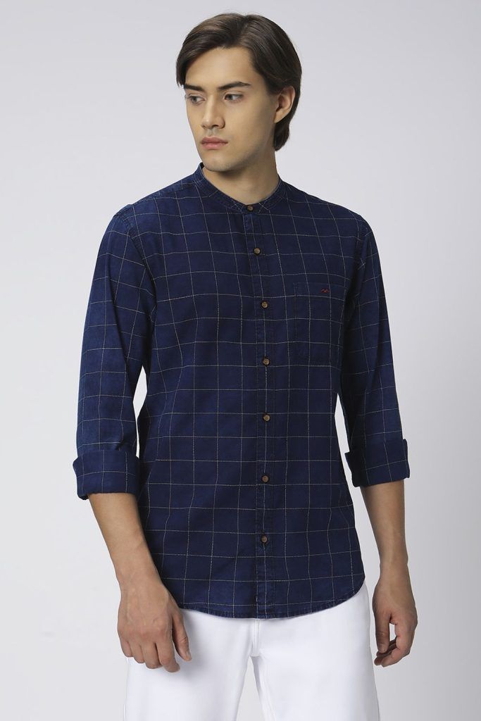 Deep Indigo Blue & White Stitch Check Denim Shirt for men