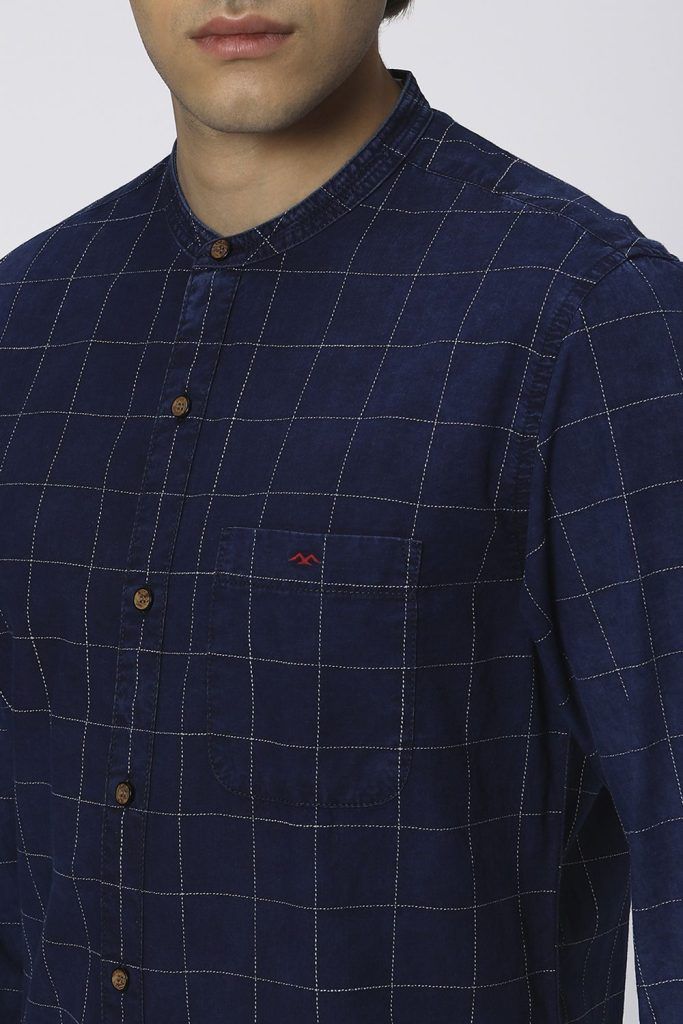 Mufti Deep Indigo Blue & White Stitch Check Denim Shirt for men