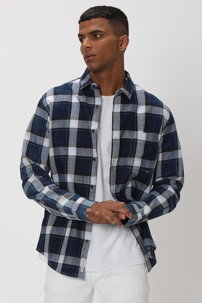 Dark Indigo Blue & White Windowpane Check Denim Shirt for men