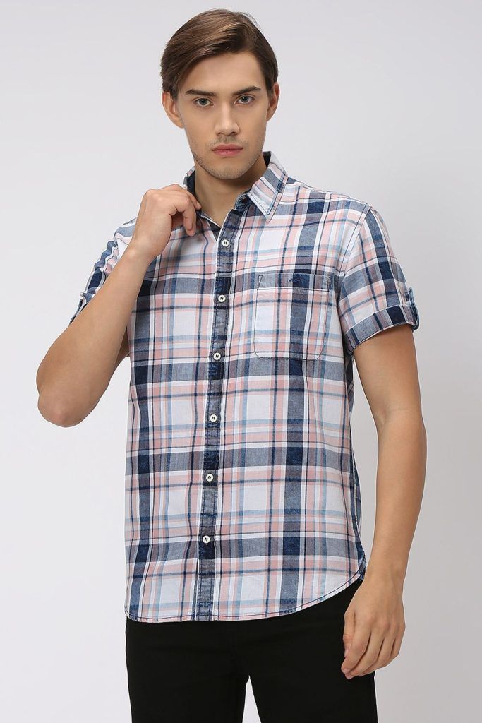 Indigo Blue & Pink Large Check Denim Shirt