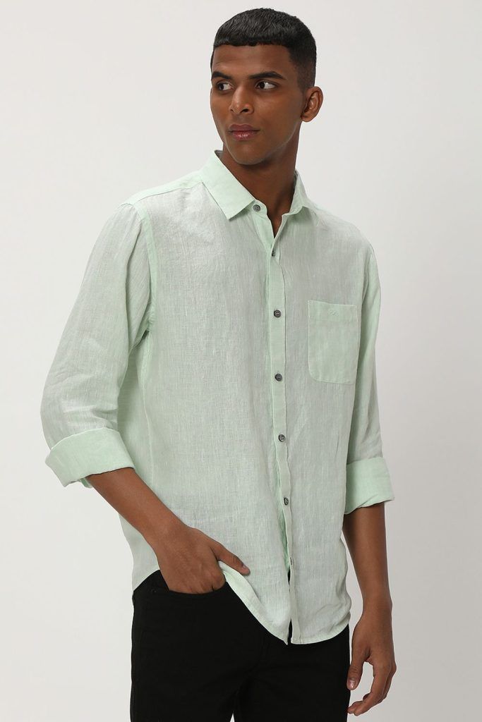 Light Green Pure Linen Plain Shirt for men