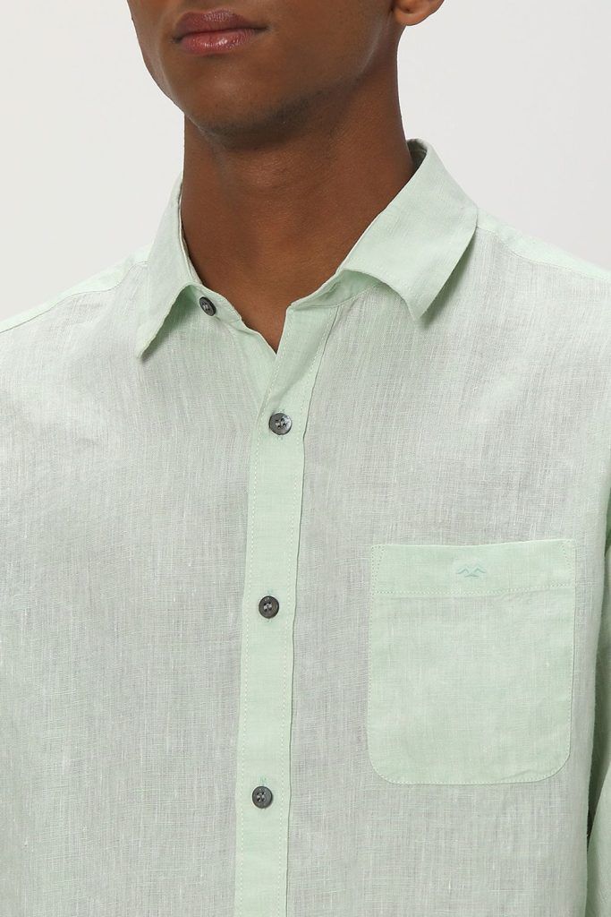 Mufti Light Green Pure Linen Plain Shirt for men