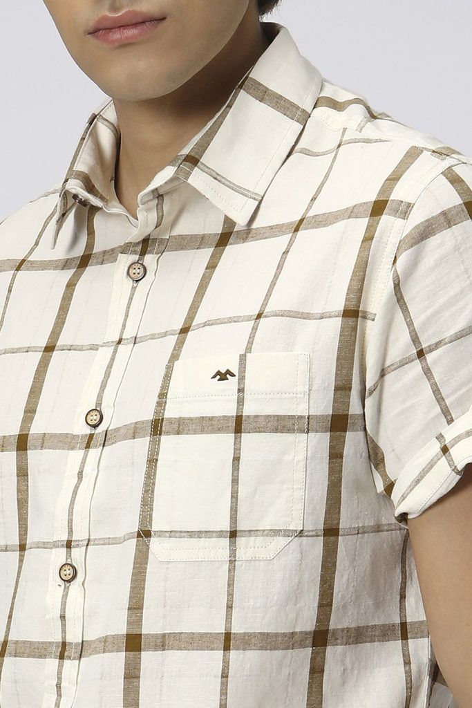 Mufti Khaki and White Cotton Linen Check Slim Fit Shirt for men